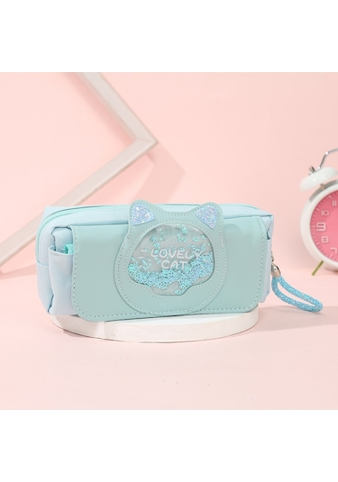 Karikatür Çizim Kalemleri İçin Pratik Saklama Çantası, Çok Amaçlı Kırtasiye Organizeri, Quicksand Desenli Sevimli Kedi Figürlü Okul Ve Ofis Malzemeleri Düzenleyici Yeşil