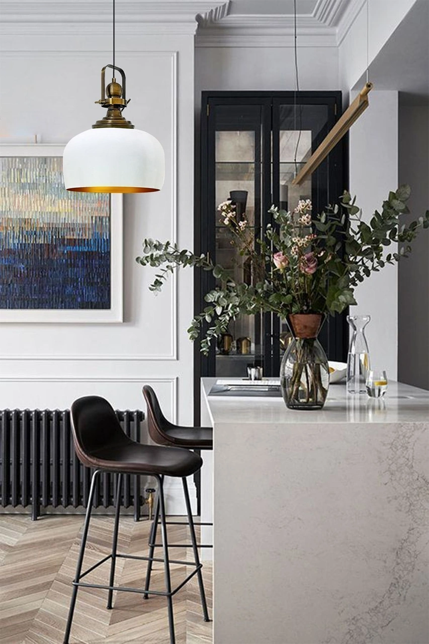 Beyaz Renk Eskitme Başlıklı Tekli Avize Salon Masaüstü Mutfak Cafe Tekli Sarkıt Lamba Vintage Beyaz