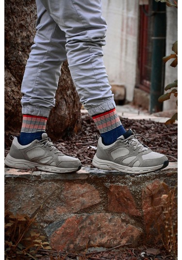 Erkek Lacivert-mercan Çizgili Soket Çorap Lacivert