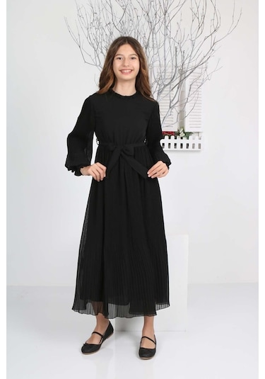 Kız Çocuk Uzun Boydan Pliseli Şifon Elbise Siyah