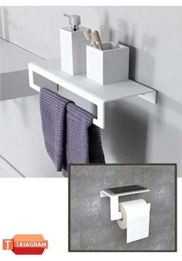 Tasagram Metal Banyo Havlu Askılığı Ve Tuvalet Kağıdı Askılığı 2'li Set Beyaz