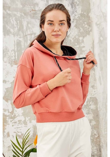 Tommy Life Pudra Uzun Kol Rahat Form Kapüşonlu Kadın Sweatshirt - 97115 Pudra