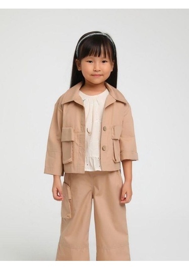 Kız Çocuk Erkek Yaka Cepli İki Düğmeli Ceket-15124 Kahverengi