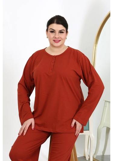 Akbeniz Kadın Büyük Beden Uzun Kol Penye Pijama Takımı Kiremit 202501 Kiremit