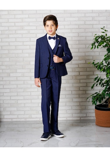 Erkek Çocuk Takım Elbise Lacivert Ceket-yelek-gömlek-pantolon -papyon 3-14 Yaş Lacivert