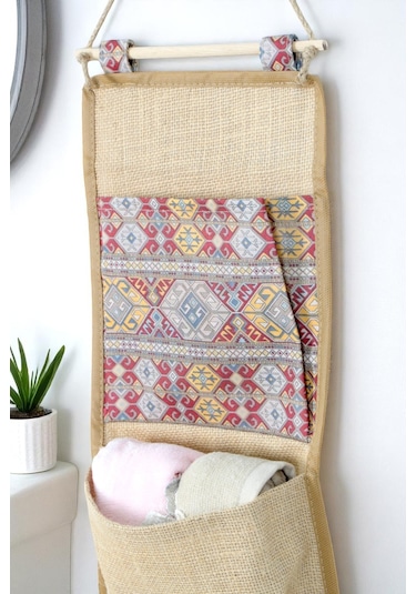 İronika 3 Lü Etnik Desenli Cepli Kapı Arkası Organize Makyaj Banyo Sabun Havlu Organizeri Kahverengi