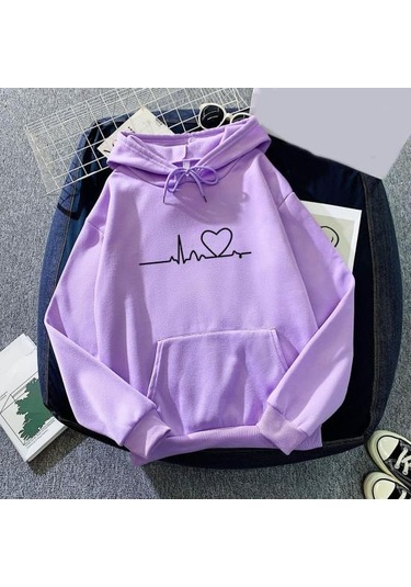 Mor Kazak Unisex Şık Kapşonlu Elastik Manşet Kalp Baskı Çift Kapşonlu Bayan Mor