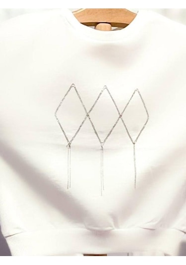 Kız Çocuk Mevsimlik Pamuklu İki İplik Zincirli Sweatshirt-15447 Ekru