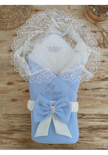 Bal Peteği My Prince Taç Nakışlı İnci Fiyonklu Dantel Duvaklı Delüks Kundak Bebek Battaniyesi Mavi