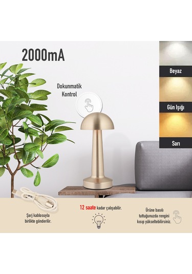 Orvin Nikel Şarjlı Dokunmatik Dim Edilebilir 3 Renkli Masa Lambası 2000ma Pil Gücü Ile 7 Saat Gümüş