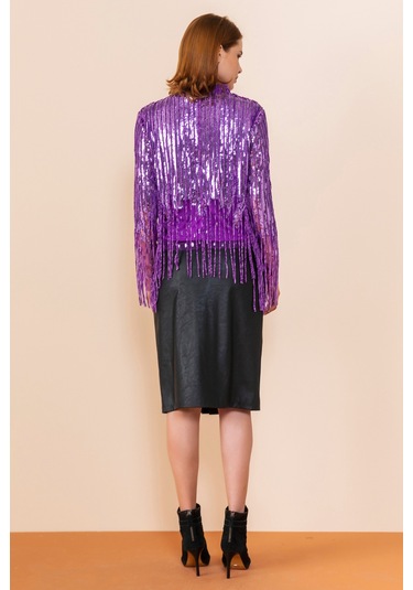 Sequin Detaylı Şık Bluz Zarif Taş Ve Püskül Detaylarıyla Modern Tasarım Mor