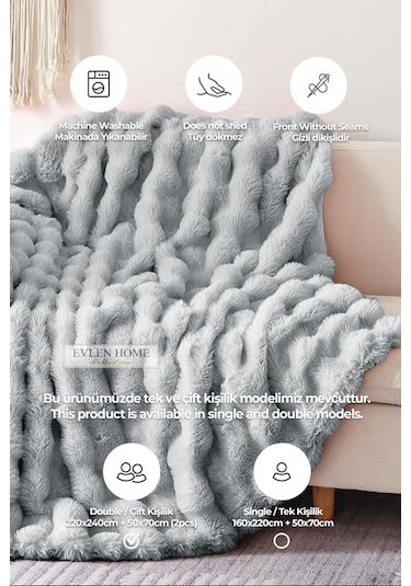 Kürk Yatak Örtüsü Çift Kişilik Dolgulu Peluş Yumuşak Çift Taraflı Yorgan 3 Parça Loria Gri Gri