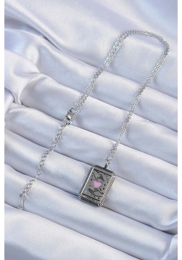 316l Çelik Zincir Eskitme Gümüş Renk Pembe Mineli Kalp Figürlü Tarot Kolye - Tj-bko9232