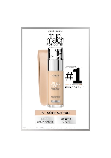 L'Oreal Paris True Match Bakım Yapan Fondöten 1N Ivory 30 ML