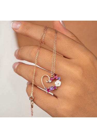 Gümüş Pazarım Renkli Taşlı Manolya Kalp Gümüş Kolye