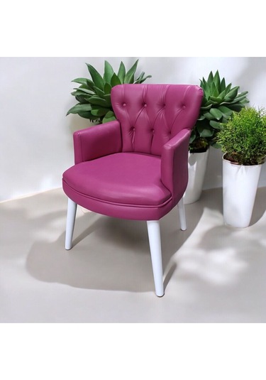 Tekli Fuşya Deri Beyaz Ahşap Ayaklı Ofis Koltuk Kafe Koltuğu Sandalye Berjer Fuşya