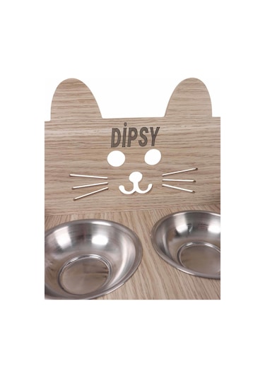 Gobypet Ahşap Özel İsim Baskılı Kulaklı Kedi Mama Su Kabı Standı