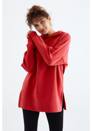 Tommy Life Fiesta Reglan Kol Basic Kapüşonlu Oversize Sweatshirt Tunik - 97242 Kırmızı
