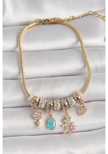 Zarif Kadın İçin Golden Çelik Zincir Zirkon Ayıcık Çiçek Bileklik Gri