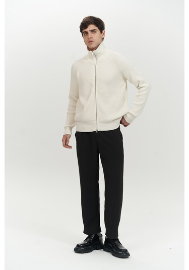 Brock Tam Fermuarlı Ekru Erkek Triko Kazak Ekru
