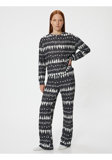 Koton Yılbaşı Temalı Pijama Altı Düz Bol Paça Rahat Kalıp Siyah Desenli 5wlk40008mk Siyah