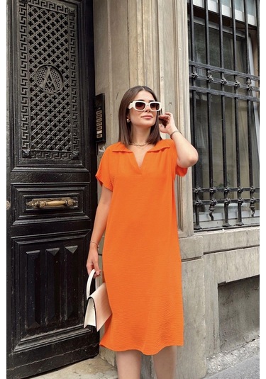 Turuncu Kısa Kol, Polo Yaka, Dokulu Kumaş, Basic Kalıp/kesim, Aerobin Rahat Midi Elbise Turuncu