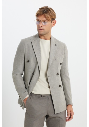 Erkek Vızon Yünlü Slim Fit Dar Kesim Kırlangıç Yaka Kapak Cepli Blazer Ceket Vizon