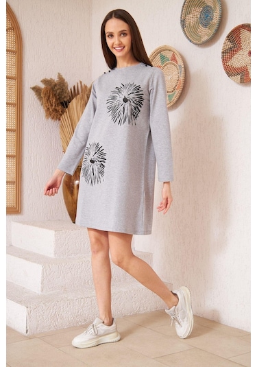 Darlin Moda Gri Melanj Baskılı Düğme Detaylı Tunik DM60346 Gri