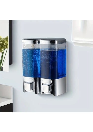 Xuweiwei 2 Adet Tatukıko Gümüş Duvara Monte Çift Başlı Sabunluk 500ml Manuel Basmalı Ftalatsız Plastik Şeffaf Gövde Mavi Sıvı Seviye Göstergeli Banyo Otel Ev Kullanımı Gümüş