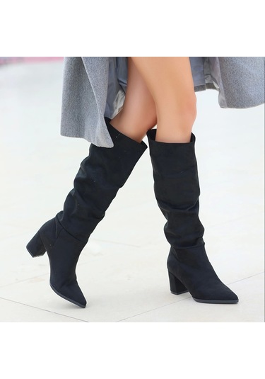 Roksa Siyah Süet Topuklu Çizme Siyah Süet Siyah