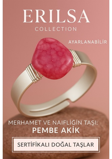 Sertifikalı Doğal Pembe Akik Taşı Yüzük Ayarlanabilir Kalın Tımbıl Kasa Pembe