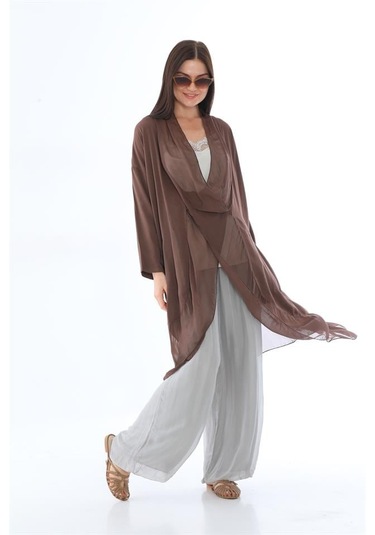 Italyan Ipek Detaylı Oversize Kaftan & Bluz-8711 Kahverengi