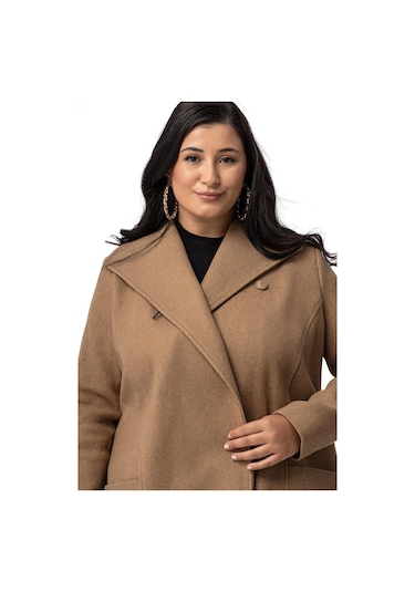 Büyük Beden Torba Cepli Tek Düğmeli Astarlı Vizon Kaşe Kaban-vizon Vizon