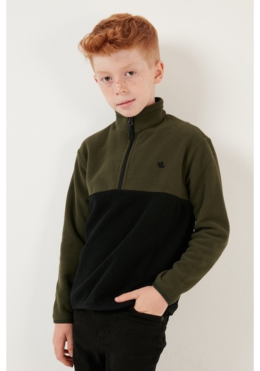 Lela Yumuşak Dokulu Yarım Fermuarlı Renk Bloklu Dik Yaka Unisex Çocuk Polar 5905004 Haki-Siyah