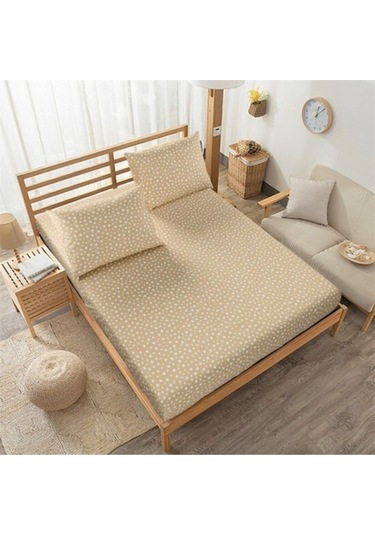 Tek Kişilik Lastikli Çarşaf E Yastık Kılıfı Sütlü Kahve Yıldız Desenli Kahverengi