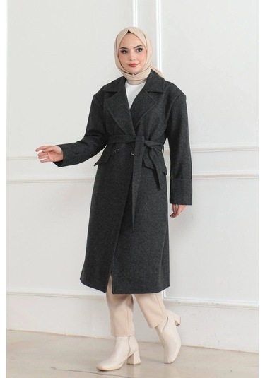 Kadın Kaşe Kaban Uzun Boy 115 Cm Kruvaze Yaka Kuşaklı Astarlı Kışlık Tesettür Kaban, Yünlü Dokuma Siyah