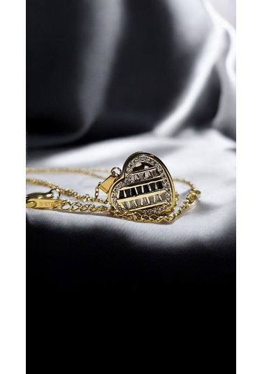 Taşlı Çizgili Kalp Kolye Altın Renk Modern Kadın Takı Modeli