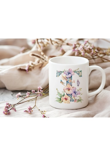 T Harfi Çiçekli Kupa Bardak - Soft Renk Çiçek Ve Kelebek Desenli Zarif Kahve Kupası - Bohem Beyaz
