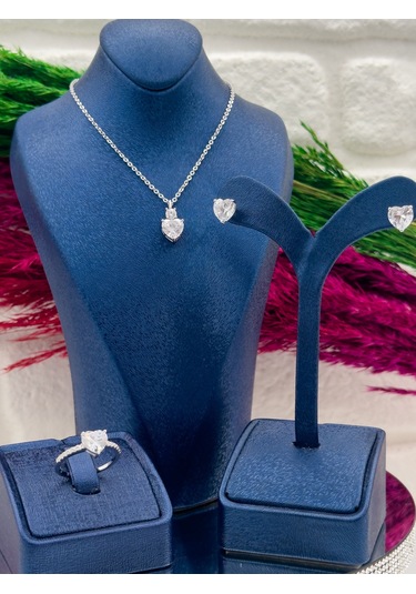 925 Ayar Gümüş Kalpli Zirkon Taşlı 3 Lü Zarif Kadın Takı Seti Gümüş
