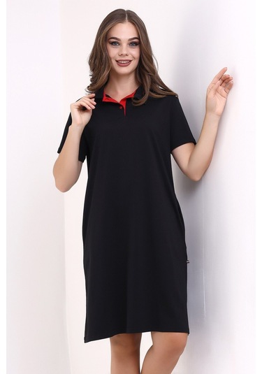 Kadın Yakalı İki Cepli Krep Elbise Siyah Sckwm23el02 Siyah