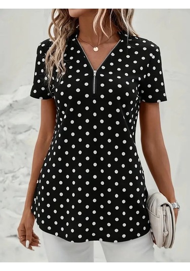 Ge Ticaret Kadın Kısa Kollu Yakadan Fermuarlı Puantiyeli Uzun Dokuma Viskon Bluz Siyah