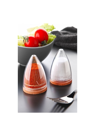 KitchenLife 2 Li Lux Ahşap Altlıklı Piramit Modelli Tuzluk Biberlik Seti - Silikon Kapaklı Damla Baharatlık 80 Ml Beyaz - Şeffaf