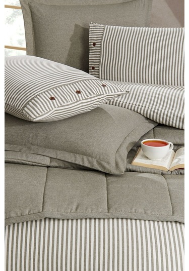 Life %100 Pamuk Nevresim Takımı Ve Yatak Örtüsü 7 Parça Haki Bej