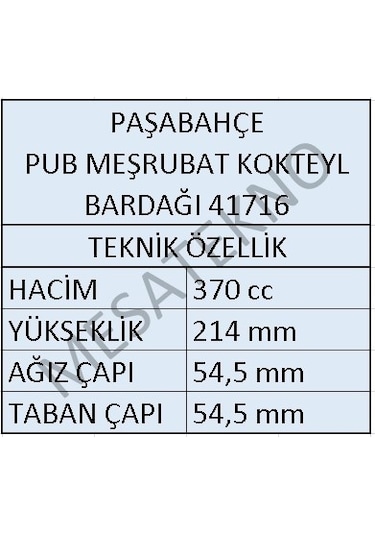 Paşabahçe 41716 Pub Meşrubat Kokteyl Bardağı 6'lı 370 Cc