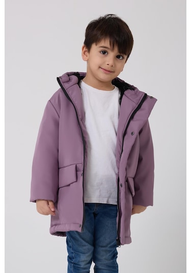 Erkek Çocuk Kürklü Su Ve Rüzgar Geçirmez Kapüşonlu 3 Kışlık Mont & Kaban & Parka Lila