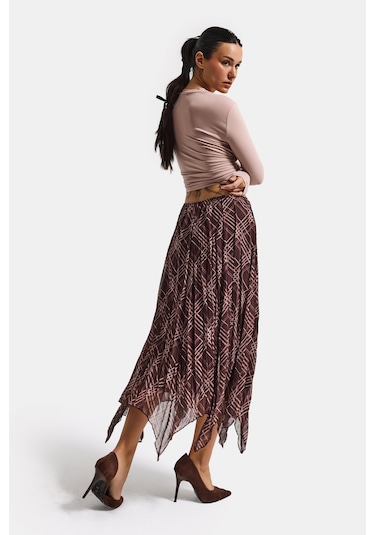 Itsbasic Kadın Kahve Ekose S6-6 Maxi Boy Saten Kumaş Etek