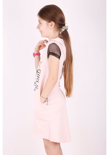 Toontoy Kız Çocuk Kapşonlu Cepli Elbise Pudra