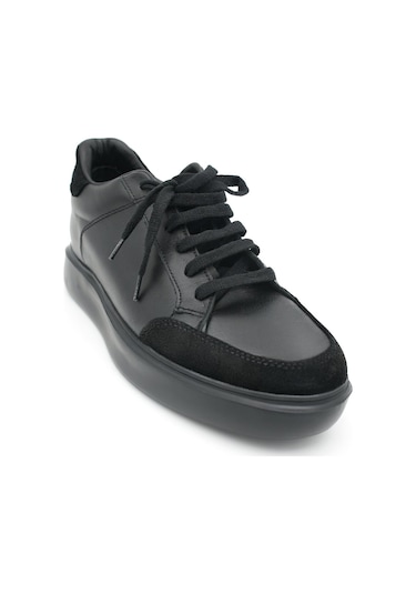 Elevold Man Erkek Hakiki Deri 7 Cm Boy Uzatan Siyah Spor Ayakkabı Siyah