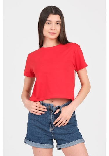 As Collection Kırmızı Bisiklet Yaka Kısa Kol Örme Kadın Crop 001