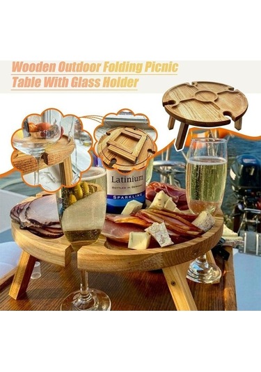 Prestigegoods Cbtx Ahşap Yuvarlak Piknik Masası 30x16cm, Taşınabilir, Katlanır, Su Geçirmez, 4 Bölünmüş Alan Ahşap